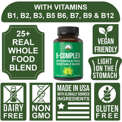 Vitamin B Complex Capsules + Whole Food Blend of 25 Vegetables and Fruits for Max Absorption. Best Vegan B-Complex Supplement with Vitamin B1, B2, B3, B5, B6, B7, B9 and B12. 90 Capsules. Energy Boost - Maple Wellness Supplements