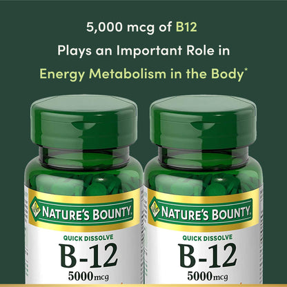 Vitamin B12 by Nature's Bounty, Quick Dissolve Vitamin Supplement, Supports Energy Metabolism and Nervous System Health, 5000mcg - Maple Wellness Supplements