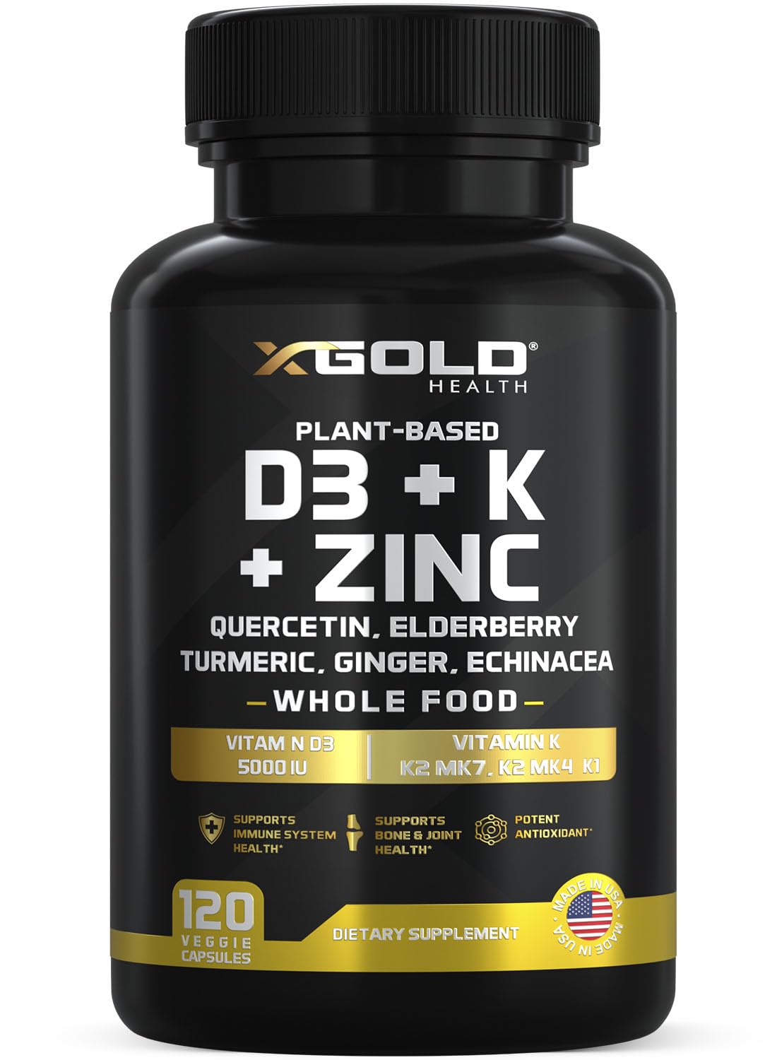 Vitamin D, K2, K1, Zinc, Quercetin, Elderberry, Turmeric, Ginger & Echinacea Whole Food Supplement 8 in 1- D3 5000 IU Plant-Based from Lichen, Vitamin K (K2 MK7, MK4, K1) - Maple Wellness Supplements