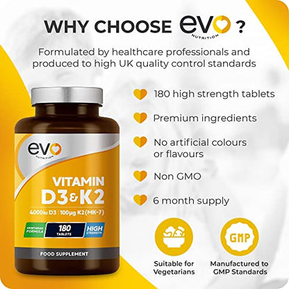Vitamin D3 4000iu & Vitamin K2 100ug (MK7) |180 Vegetarian Tablets | 1-A-Day | 6 Month - Maple Wellness Supplements