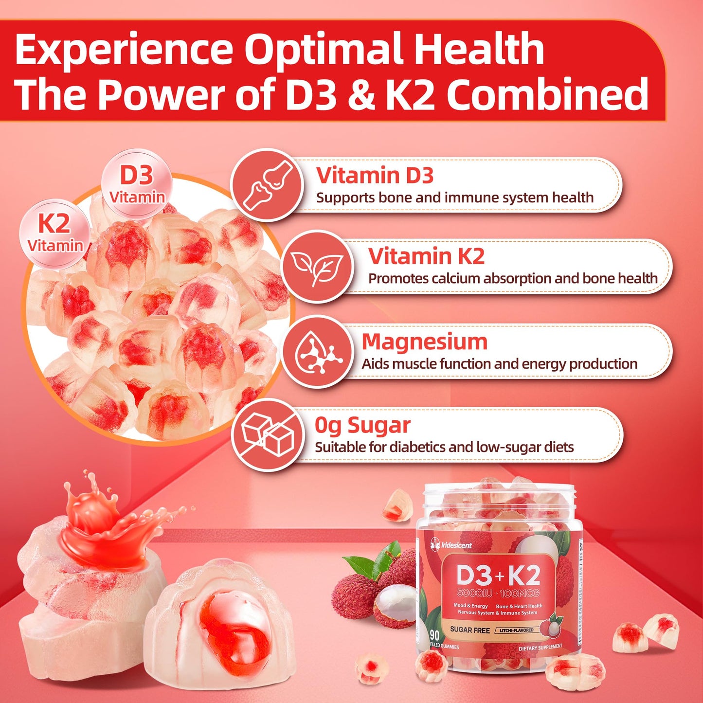 Vitamin D3 K2 Gummies w/Magnesium Sugar Free - 90 Count | D3 Vitamin 5,000 IU + K2(MK-7) 100 mcg - Vegan K2 D3 Vitamin Supplement, Highly Absorbent Supports Bone - Maple Wellness Supplements