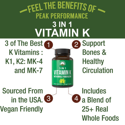 Vitamin K with Whole Food Blend of 25+ Vegetables and Fruits for Max Absorption. Vegan Capsules Supplement. Vitamins K1, K-2 MK4 + K2 Natto MK7. Alternative to Drops, Gummies. VIT K with K 2 and MK-7 - Maple Wellness Supplements