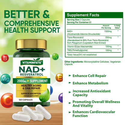VITAMINFATE NAD+ Supplement 2000 mg - 120 Capsules True NAD+ & Resveratrol, NMN Alternative Supports Anti-Aging, Cellular Energy & Repair, Metabolism & Brain Boost for Men & Women - Maple Wellness Supplements
