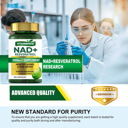 VITAMINFATE NAD+ Supplement 2000 mg - 120 Capsules True NAD+ & Resveratrol, NMN Alternative Supports Anti-Aging, Cellular Energy & Repair, Metabolism & Brain Boost for Men & Women - Maple Wellness Supplements