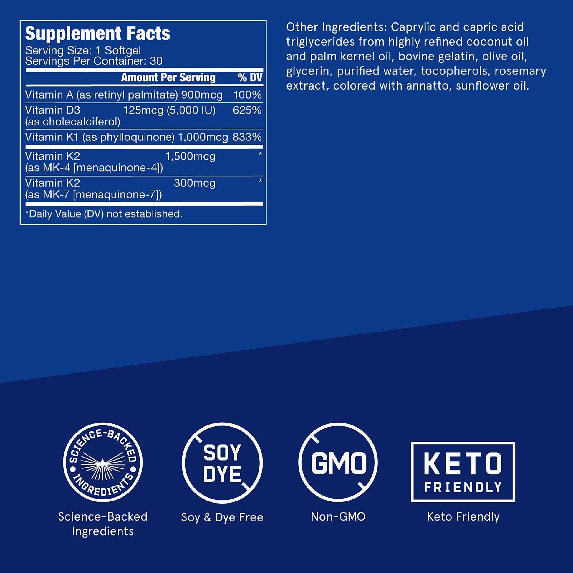 Vitamins A-D-K, 30 Softgels, 900mcg Vitamin A, with 5000 IU D3, K1, K2, K3, High Potency - Maple Wellness Supplements