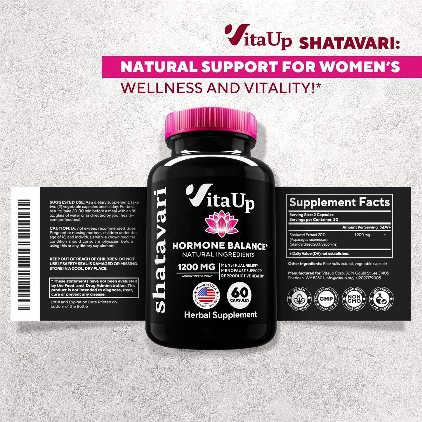 VitaUp Shatavari Capsules for Women 1200mg - USA Made Shatavari Root Supplement for Normal Hormonal Support, Menopause & Menstrual Wellness - 60 Vegan Capsules - Maple Wellness Supplements