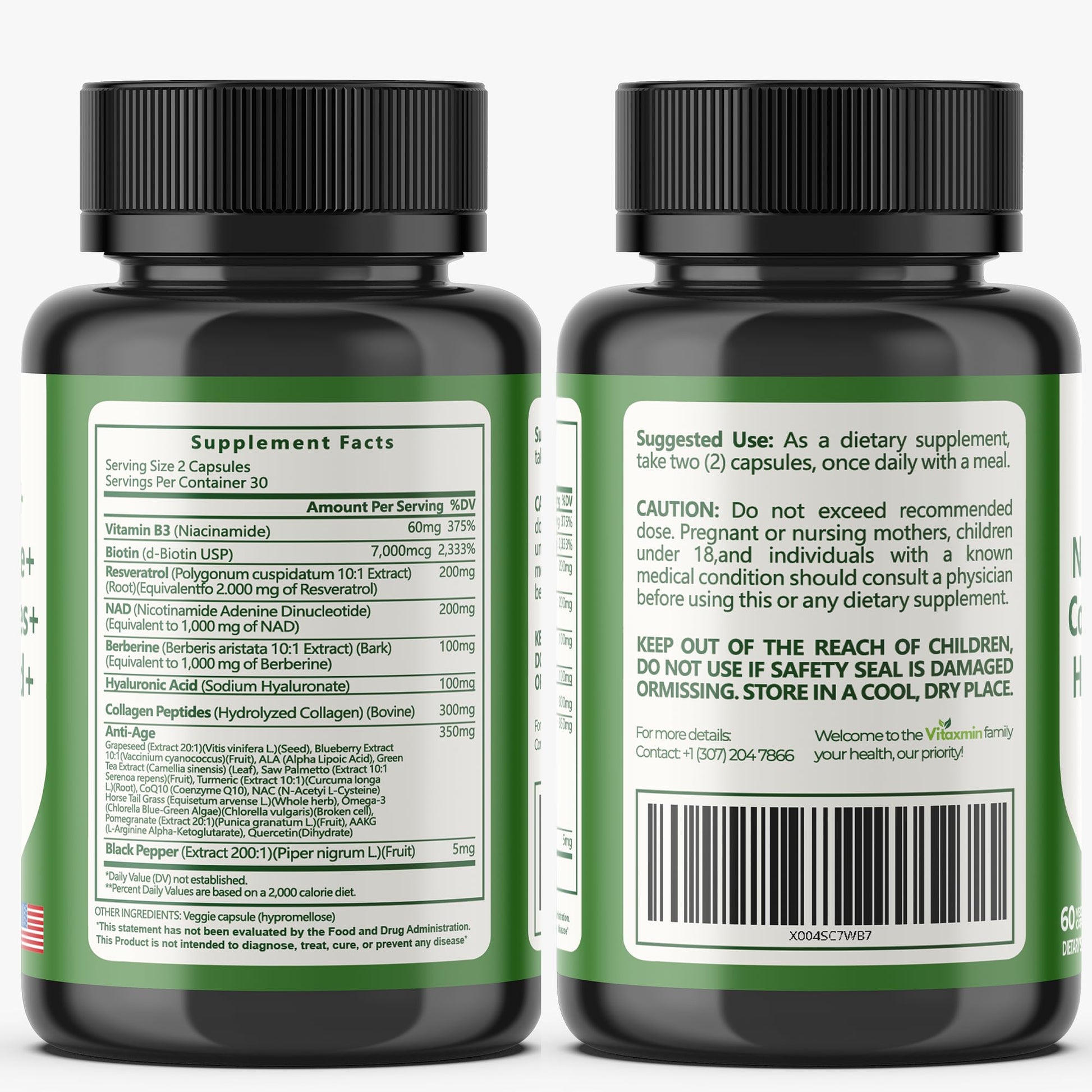 vitaxmin NAD Resveratrol Supplement 200mg with Berberine NAC Collagen - Nicotinamide Riboside NMN NADH CoQ10 Biotin Hyaluronic Acid - Hair Skin Nails Supplement - 60 Capsules - Maple Wellness Supplements