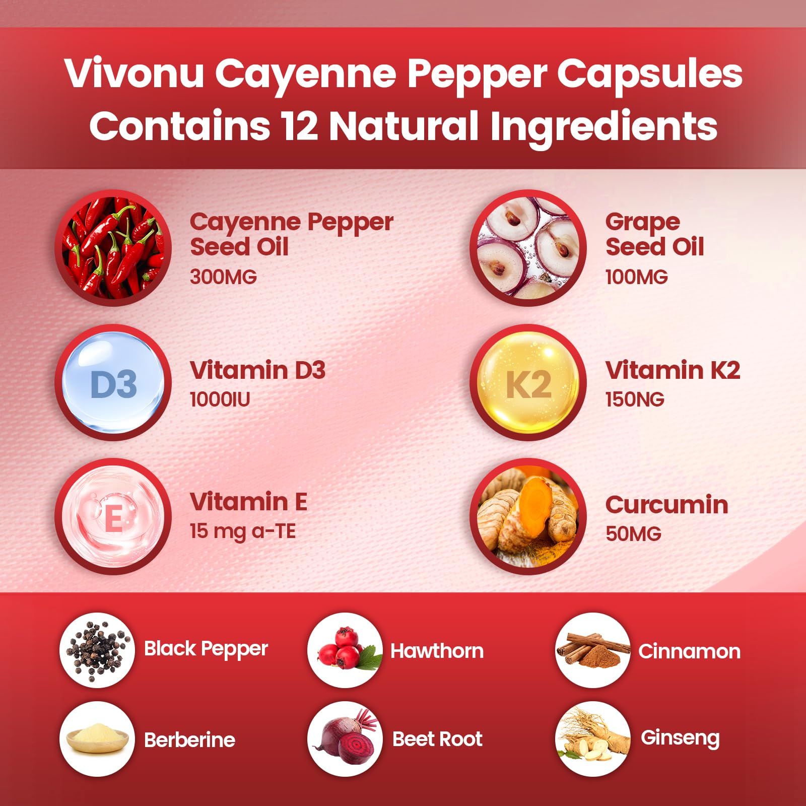 VivoNu Cayenne Pepper Softgels Supplement, Supports Leg Vein, Heart and Blood Vessel Health, with Vitamin E D3+K2 and Extracts of Grape Seed, Hawthorn - Maple Wellness Supplements