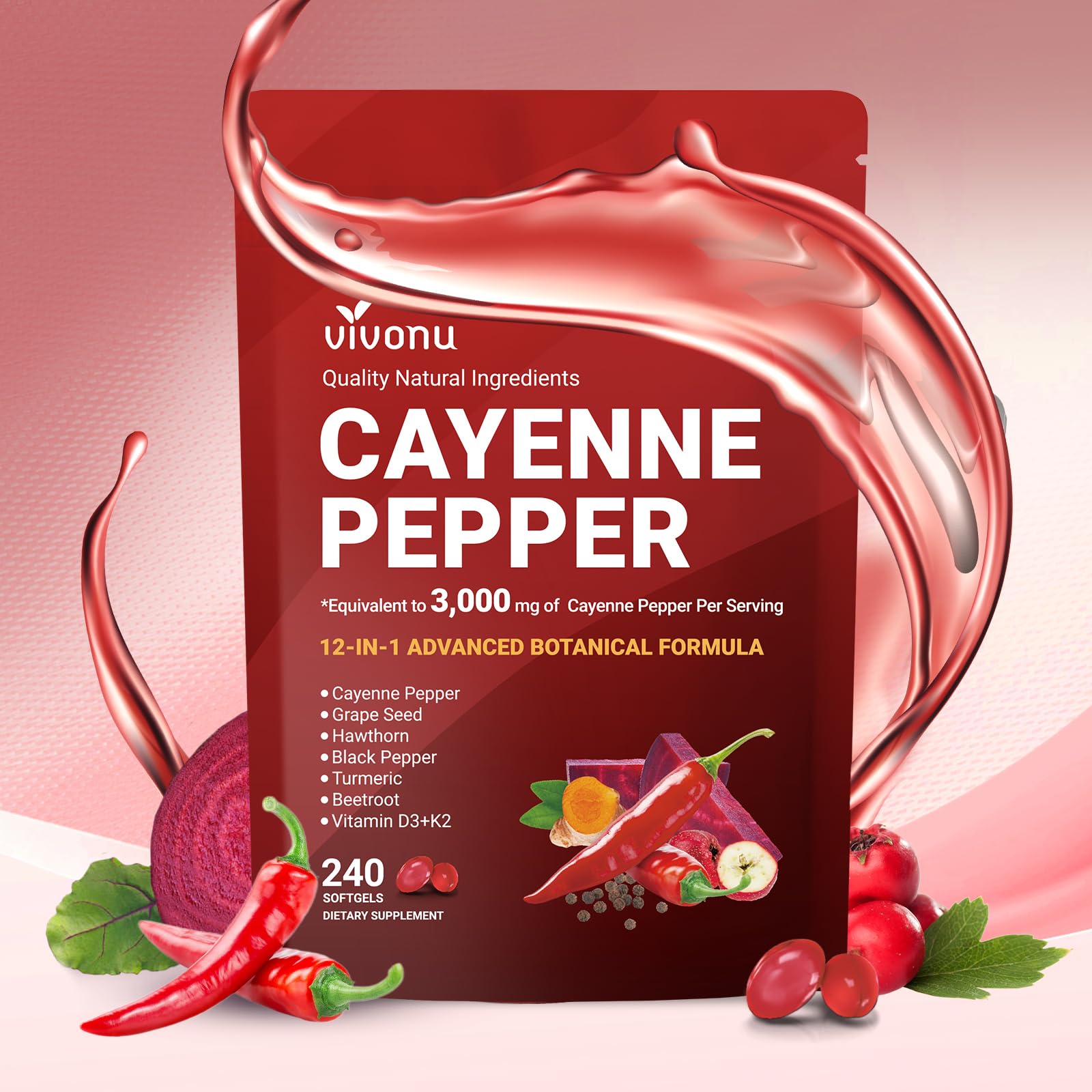 VivoNu Cayenne Pepper Softgels Supplement, Supports Leg Vein, Heart and Blood Vessel Health, with Vitamin E D3+K2 and Extracts of Grape Seed, Hawthorn - Maple Wellness Supplements