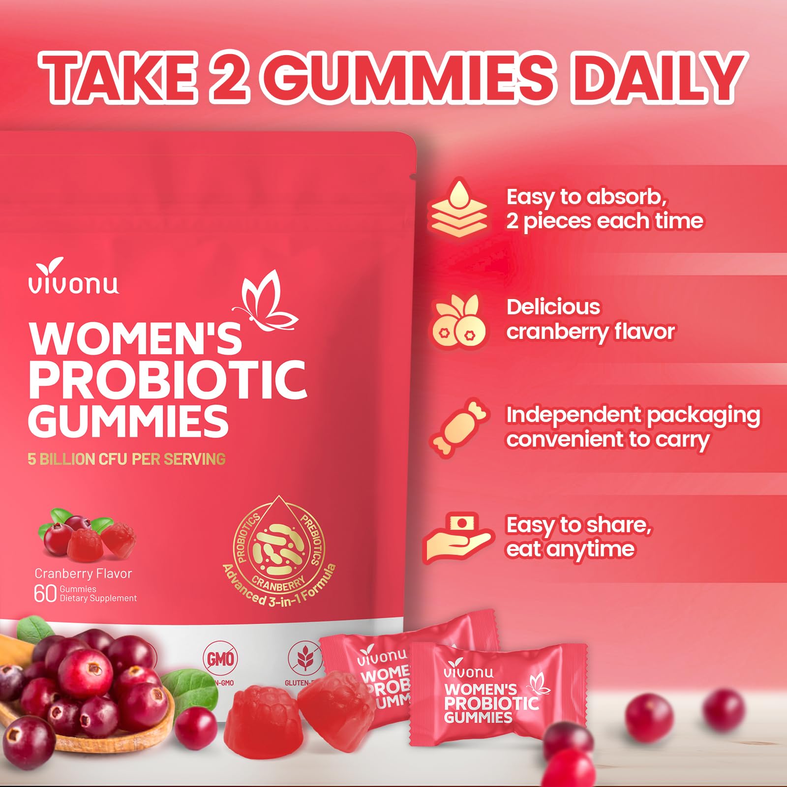 VivoNu Viginal Probiotics for Women, Women Probiotic Gummies, Feminine Balance Gummies, Prebiotic Gummy, Cranberry Probiotics for Woman Vaginigal Health, Yeast Ph Balance| 60 Gummies - Maple Wellness Supplements