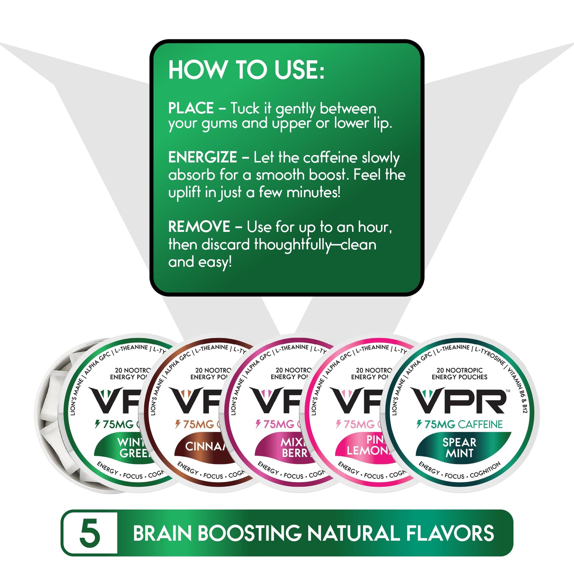 VPR 75MG Caffeine Nootropic Pouches | 20 Count Energy Pouches with Lion's Mane, Alpha-GPC, Vitamin B6 & B12, L-Theanine, and L-Tyrosine | Naturally Flavored Focus Pouches with No Sugar (Variety Pack) - Maple Wellness Supplements