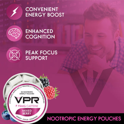 VPR 75MG Caffeine Nootropic Pouches | 20 Count Energy Pouches with Lion's Mane, Alpha-GPC, Vitamin B6 & B12, L-Theanine, and L-Tyrosine | Naturally Flavored Focus Pouches with No Sugar (Variety Pack) - Maple Wellness Supplements