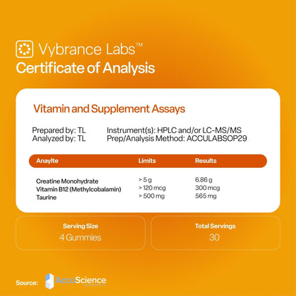 VYBRANCE LABS Creapure Creatine Gummies 5g + Taurine & B12 - Sugar-Free, Vegan, Gluten-Free - Citrus Mango - 120 Count (30 Servings) for Strength, Energy & Focus - Maple Wellness Supplements