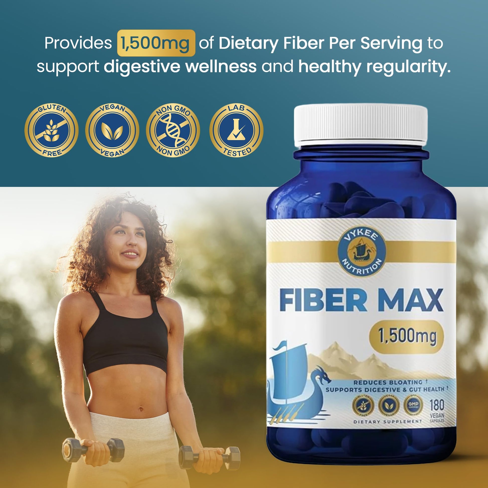 Vykee Nutrition Advanced Fiber Complex – Psyllium Husk, Aloe Vera, Chia & Flax Seed | Vegan, Non-GMO | Supports Digestive Health, Regularity & Gut Wellness | 180 Capsules - Maple Wellness Supplements