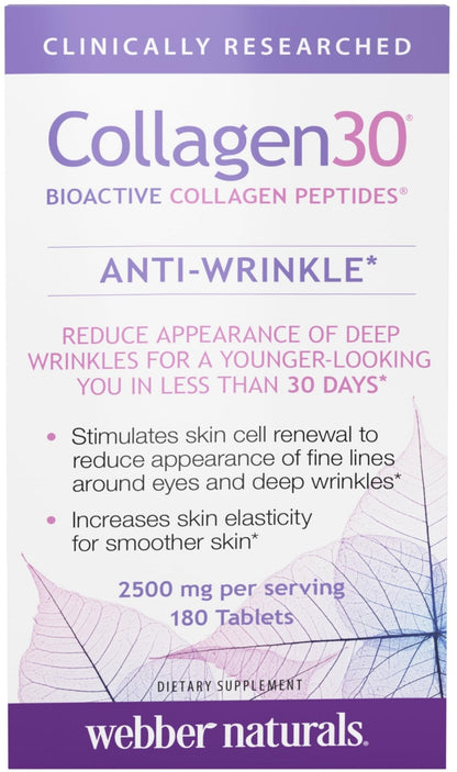 Webber Naturals Collagen 30 Anti-Wrinkle, 2,500mg of Bioactive Collagen Peptides Per Serving (3 Tablets), 180 Tablets, Helps Reduce Deep Wrinkles - Maple Wellness Supplements