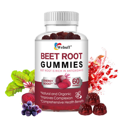 Webuff Beet Root Gummies - Nitric Oxide Booster with Organic Beet, Pomegranate & Grape Seed, Vitamin B12 - Energy, Circulation & Heart Health Support, Vegan, Non-GMO, 60 Count (Pack of 1) - Maple Wellness Supplements