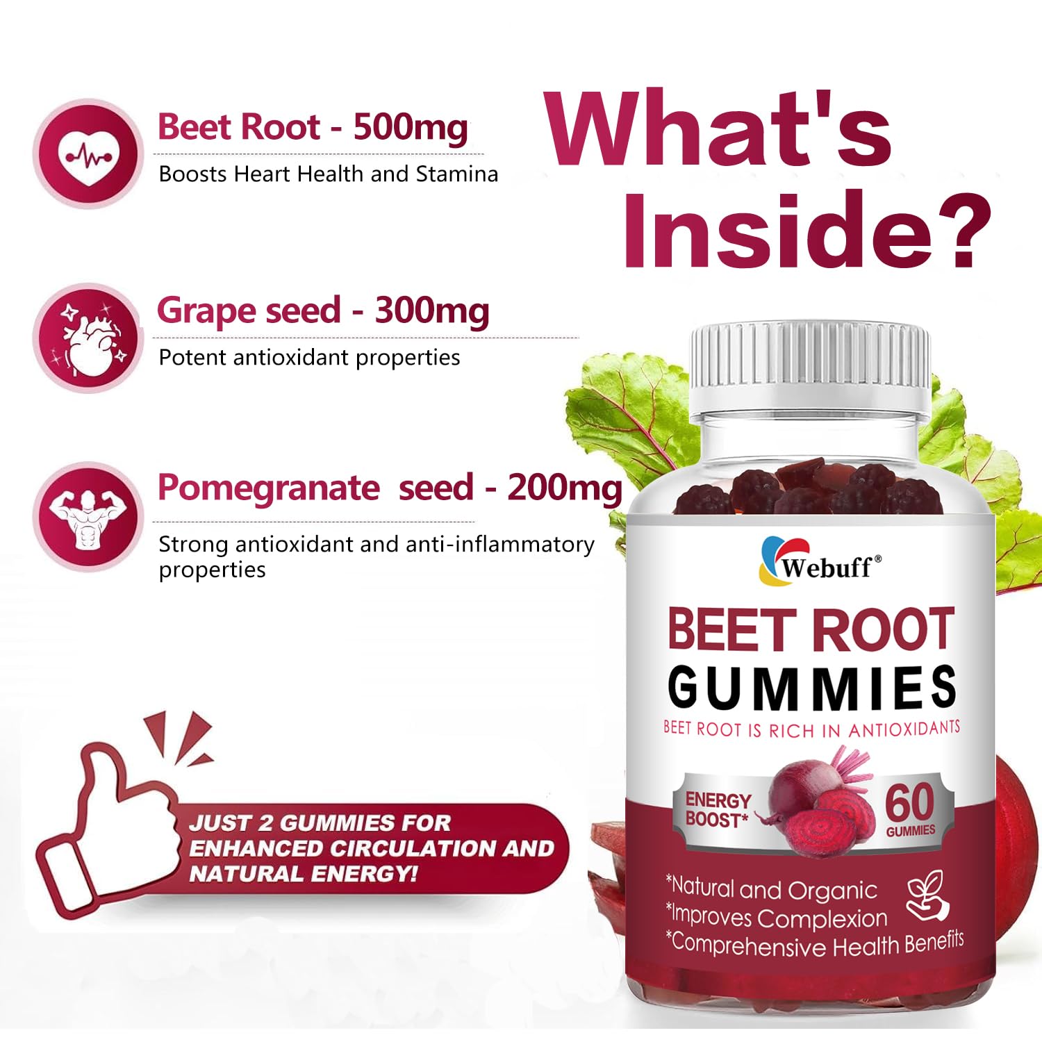 Webuff Beet Root Gummies - Nitric Oxide Booster with Organic Beet, Pomegranate & Grape Seed, Vitamin B12 - Energy, Circulation & Heart Health Support, Vegan, Non-GMO, 60 Count (Pack of 1) - Maple Wellness Supplements
