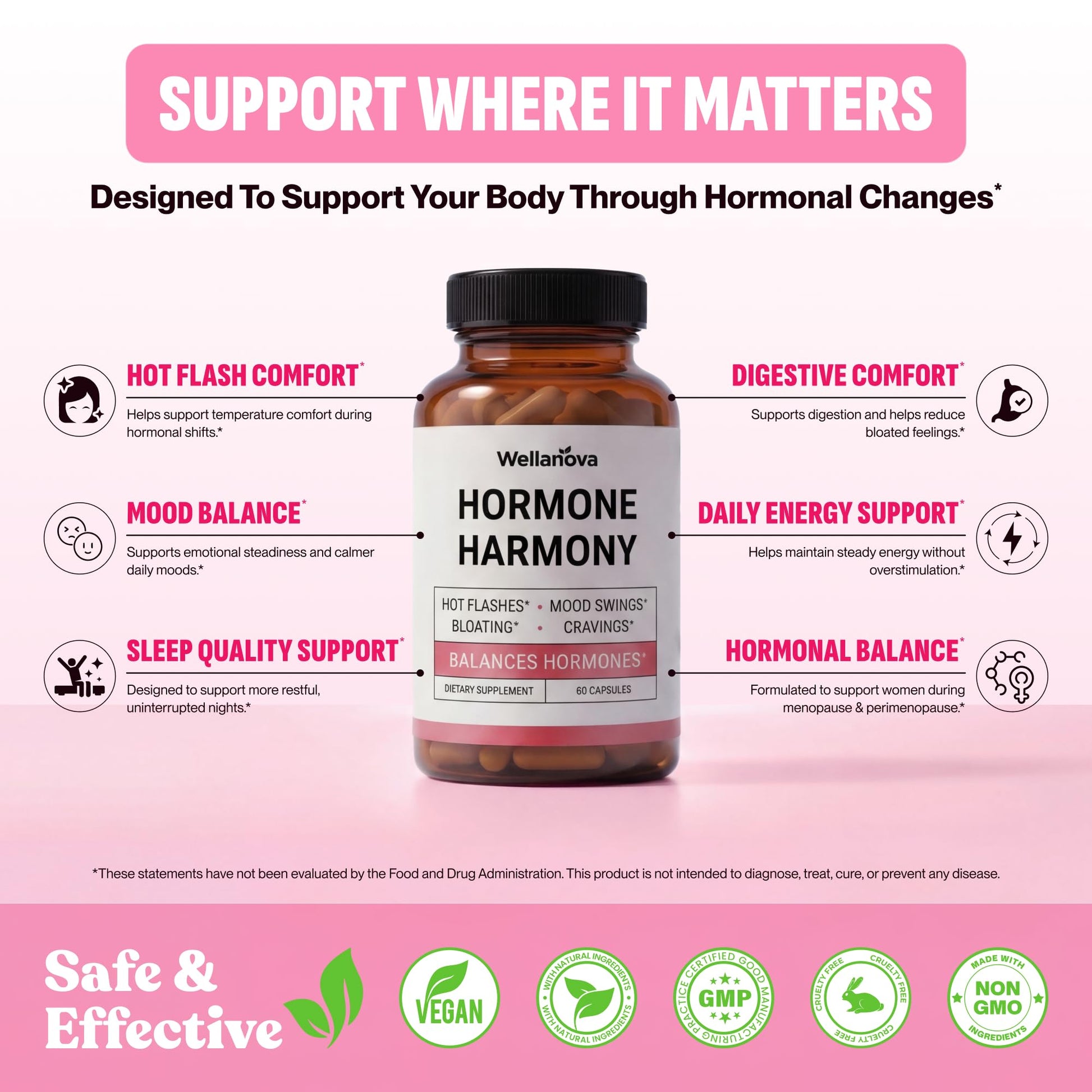 Wellanova Hormone Harmony for Women – Natural Hormonal Balance Support for Menopause & Perimenopause – Hot Flashes, Mood Swings, Cravings, Bloating Relief – 60 Capsules - Maple Wellness Supplements