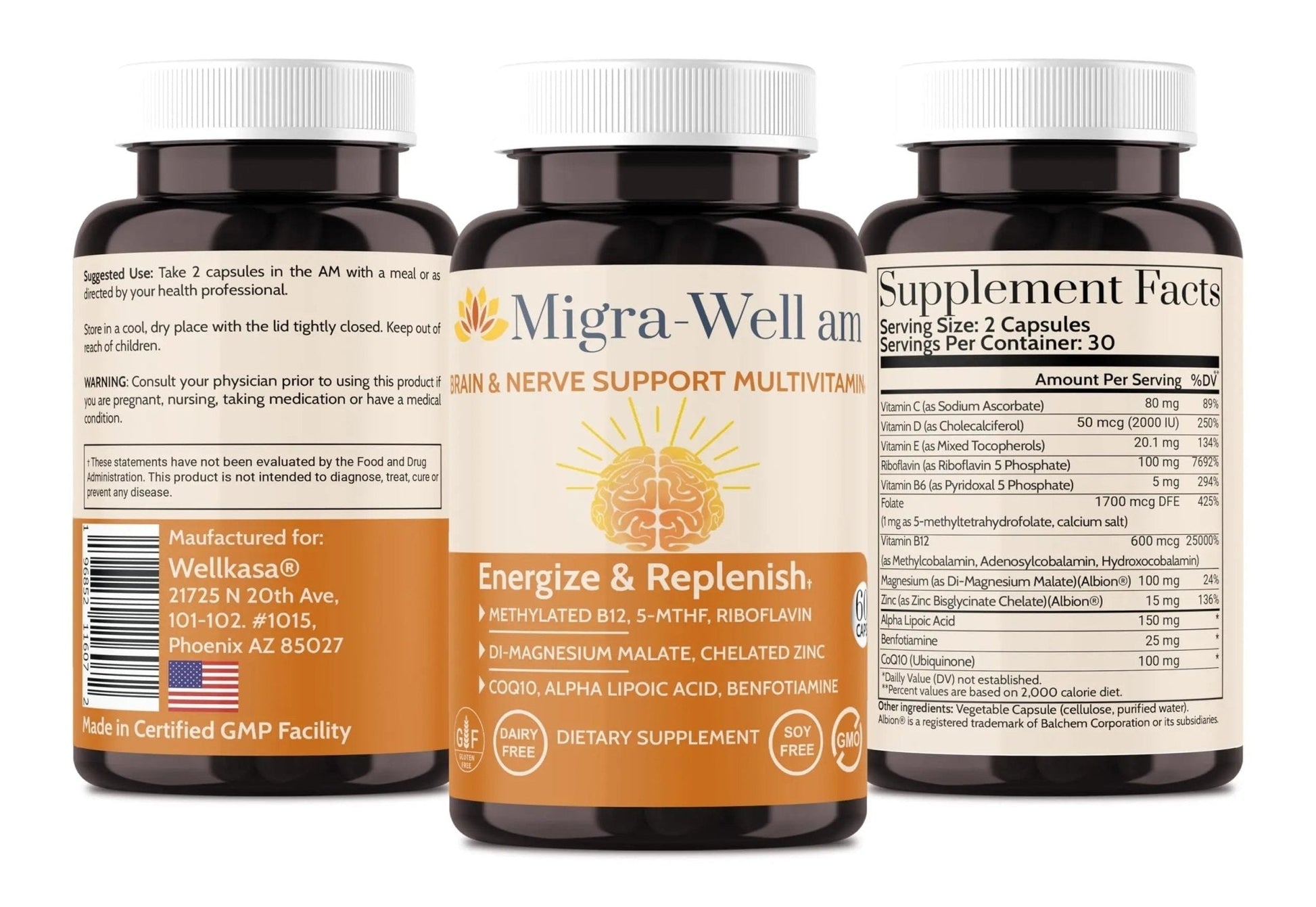 Wellkasa Migra-Well AM: Energizing Daily Methylated Multivitamin with Bioavailable Minerals & Antioxidants Supporting Brain - Maple Wellness Supplements