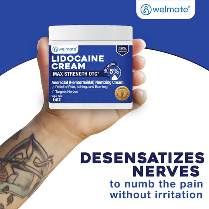WELMATE 5% Lidocaine Cream for Hemorrhoids, 6 oz Jar – Fast-Acting Lidocaine Numbing Cream & Topical Analgesic Cream for Anorectal Itch Relief - Maple Wellness Supplements
