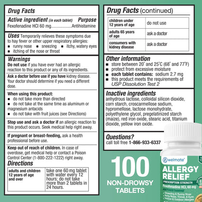 WELMATE - Fexofenadine Hydrochloride 60mg (100 Tablets) - Non Drowsy Allergy Medicine - 12 Hours - Antihistamine - Nose, Eyes, Throat - Generic Allergy Pills - Gluten Free, Over-the-Counter Medication - Maple Wellness Supplements