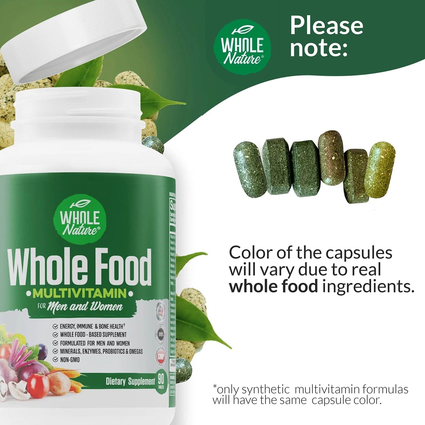 Whole Nature Whole Food Multivitamin for Men and Women Complete Daily Superfood Vitamins Plus Minerals Digestive Enzymes - Maple Wellness Supplements
