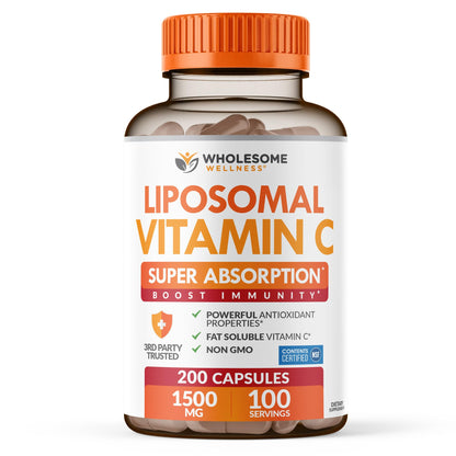 Wholesome Wellness Liposomal Vitamin C Capsules (200 Pills 1500mg Buffered) High Absorption, Immune System & Collagen Booster, High Dose Fat Soluble Immunity - Maple Wellness Supplements