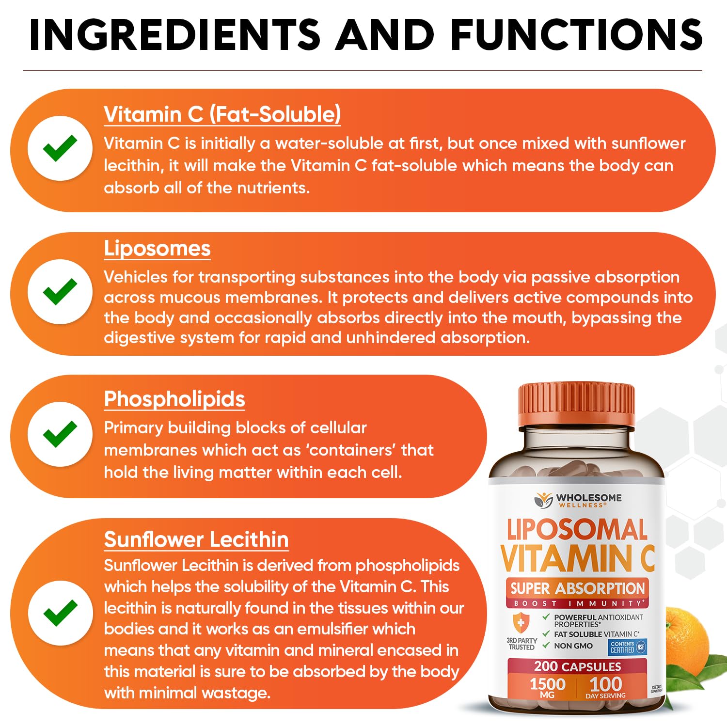 Wholesome Wellness Liposomal Vitamin C Capsules (200 Pills 1500mg Buffered) High Absorption, Immune System & Collagen Booster, High Dose Fat Soluble Immunity - Maple Wellness Supplements