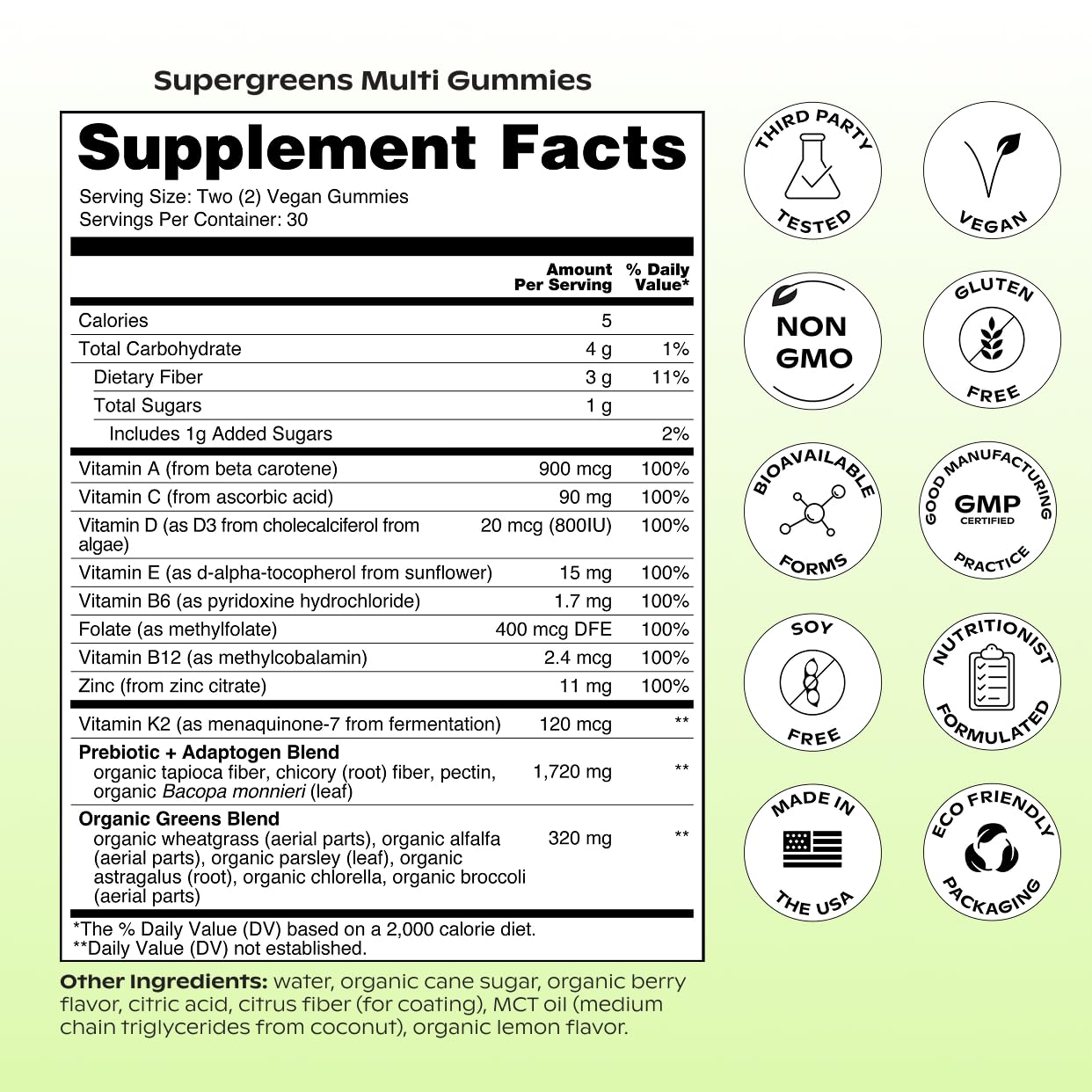 wholier Daily Supergreens Gummies, Greens Supplement with Prebiotics, Fiber, Adaptogens, Vegan Multivitamin, 9 Essential Vitamins + Minerals, 1g Sugar, 2 Gummy Serving (60 Gummies, 30 Day Supply) - Maple Wellness Supplements