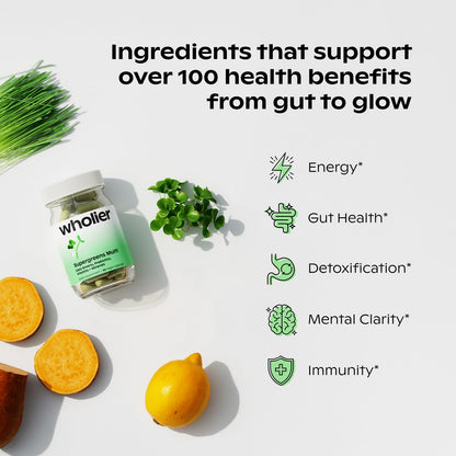 wholier Supergreens Multi, Daily Greens, Vegan Multivitamin for Women + Men, Whole Food Vitamins + Minerals, Prebiotics for Gut Health, Adaptogens (60 Vegan Capsules) Glass Bottle - Maple Wellness Supplements