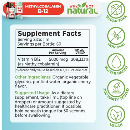 Why Not Natural Organic Vitamin B12 Liquid - Sublingual Extra Strength 60 x 5000 mcg Methylcobalamin Drops, Vegan, - Maple Wellness Supplements