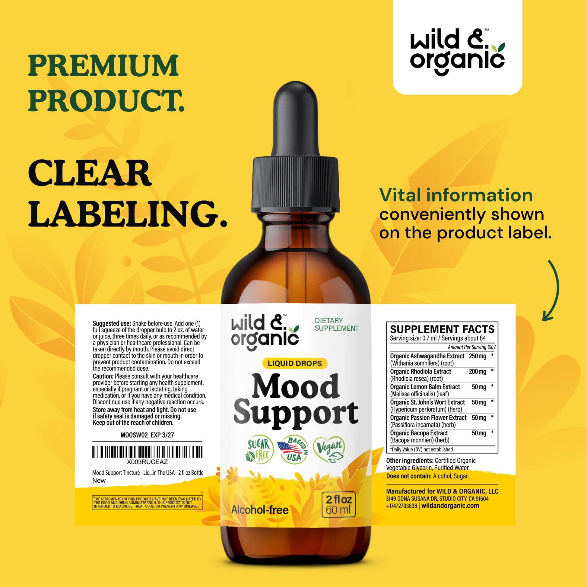 Wild & Organic Mood Support Drops - Good Mood Supplements w/Ashwagandha Root & Rhodiola Rosea - Natural Liquid Drops for Positive Energy - Calm and Relax Supplements for Women and Men - 2 oz - Maple Wellness Supplements
