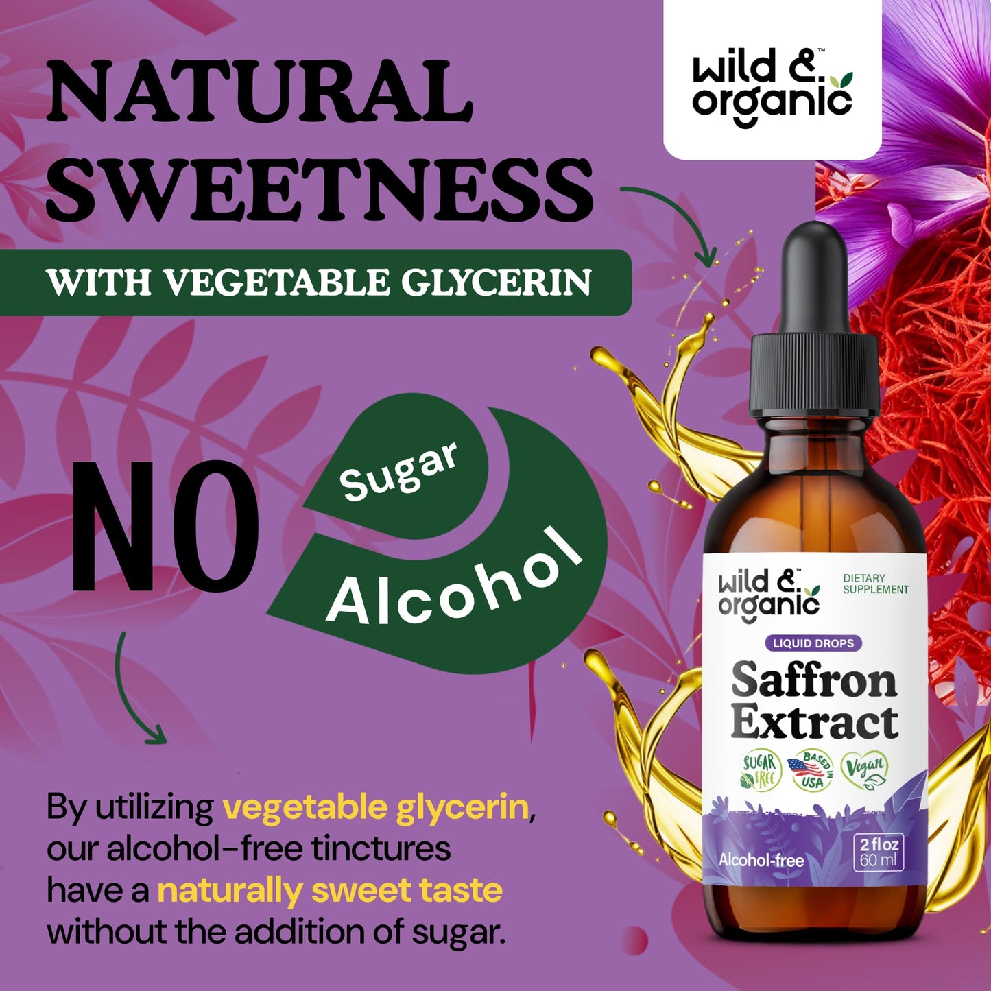 Wild & Organic Saffron Supplements 88.5 mg - Mood, Brain & Vision Support - Liquid Saffron Drops - Add to Tea - Crocus Sativus Herb Extract - Vegan, Sugar & Alcohol-Free Tincture - 2 fl oz - Maple Wellness Supplements