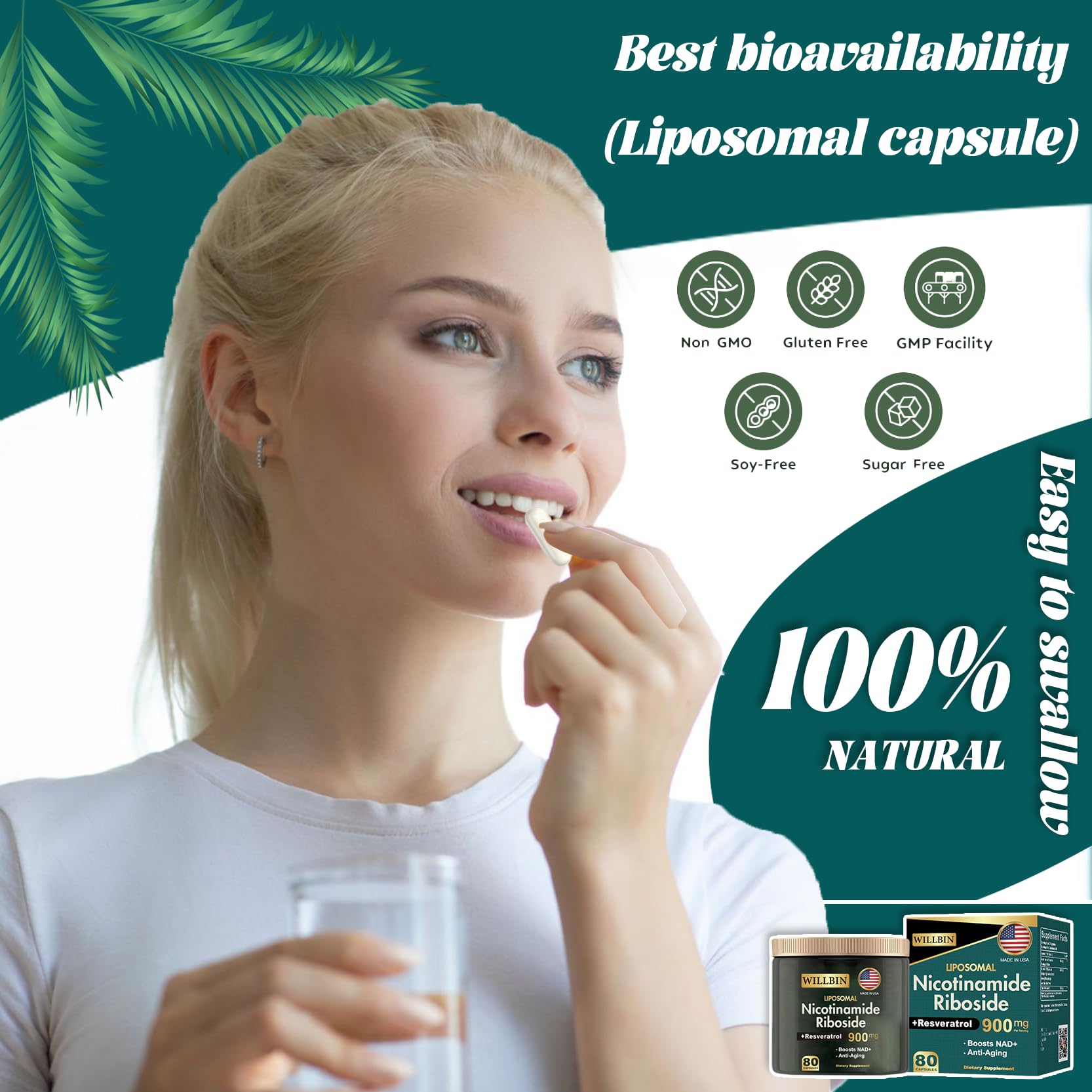 Willbin Liposomal NAD+ Supplement, Nicotinamide Riboside with Resveratrol, NAD Nicotinamide Riboside Boost Energy Focus Anti-Aging for Women & Men - 80 Vegan Capsules - Maple Wellness Supplements