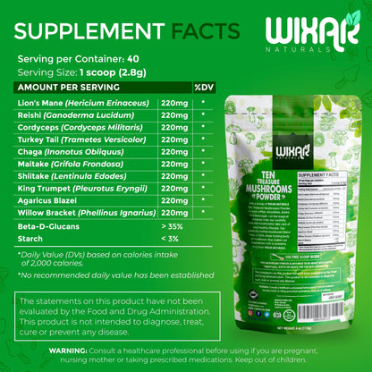 Wixar Mushroom Powder - Ten Treasure Mushrooms Extract Supplement Blend for Coffee - Maple Wellness Supplements