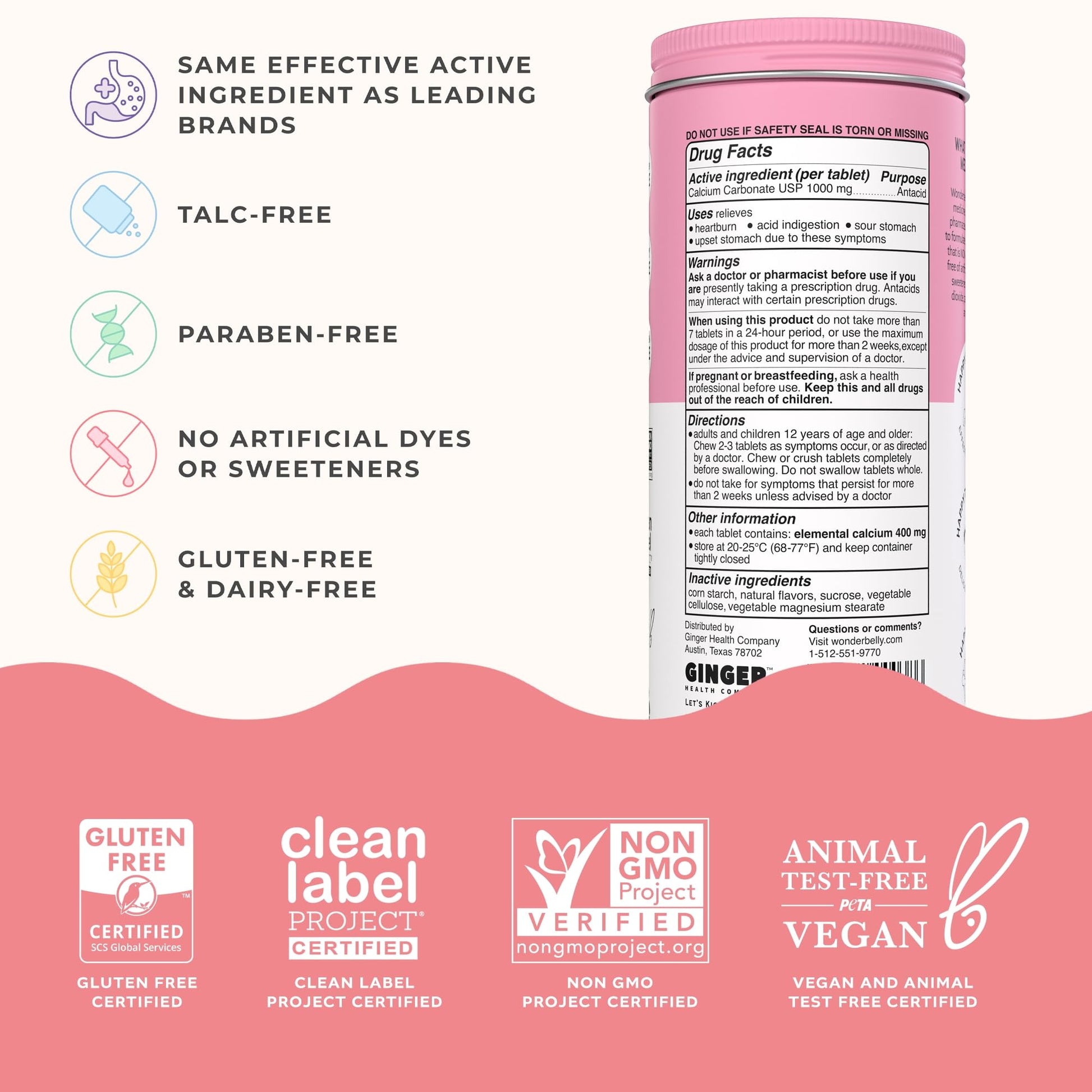 Wonderbelly Antacid, Effective Heartburn and Instant Acid Indigestion Relief, Extra Strength Chewable Tablets, 1000 mg Calcium Carbonate, No Talc or Dye, Strawberry Milkshake, 120 Count - Maple Wellness Supplements