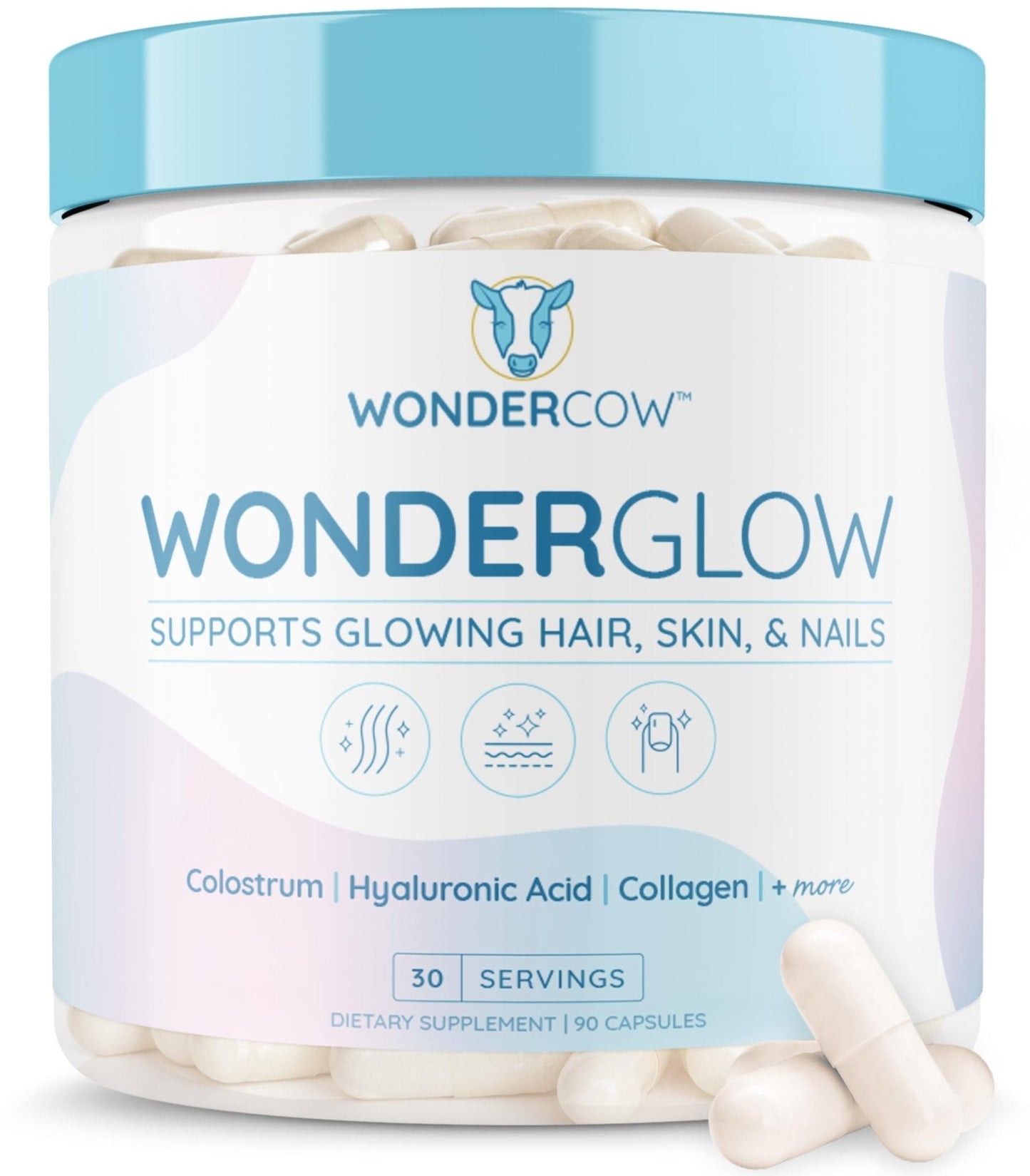 WONDERCOW Hair Skin and Nails Vitamins w/Bovine Colostrum, Collagen, Hyaluronic Acid, Biotin, Zinc, & Lactoferrin┃Supports Faster Hair Growth, Stronger Nails and Glowing Skin (30 Servings, Capsule) - Maple Wellness Supplements