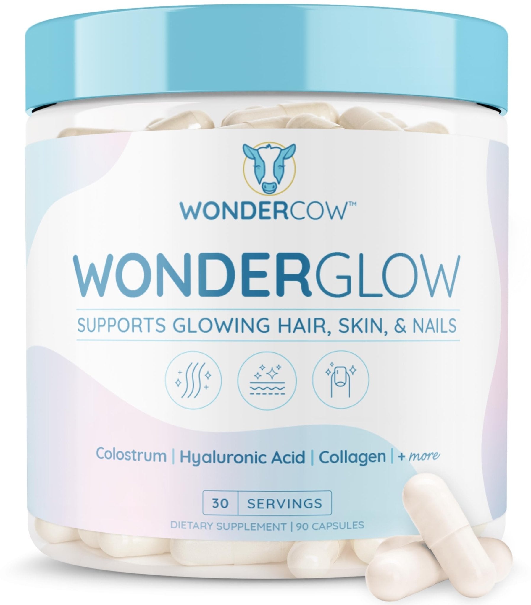 WONDERCOW Hair Skin and Nails Vitamins w/Bovine Colostrum, Collagen, Hyaluronic Acid, Biotin, Zinc, & Lactoferrin┃Supports Faster Hair Growth, Stronger Nails and Glowing Skin (30 Servings, Capsule) - Maple Wellness Supplements