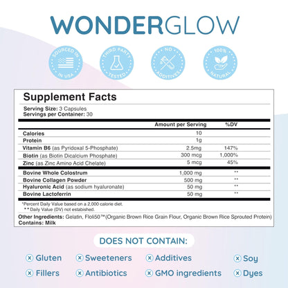 WONDERCOW Hair Skin and Nails Vitamins w/Bovine Colostrum, Collagen, Hyaluronic Acid, Biotin, Zinc, & Lactoferrin┃Supports Faster Hair Growth, Stronger Nails and Glowing Skin (30 Servings, Capsule) - Maple Wellness Supplements