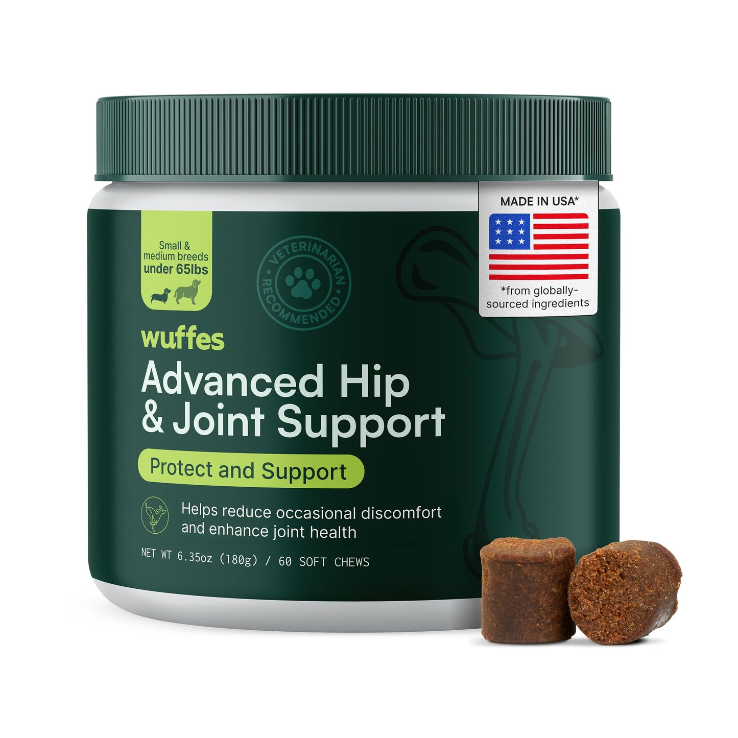 Wuffes Advanced Dog Hip and Joint Supplement with Glucosamine, Chondroitin, Omega 3, MSM, and Green Lipped Mussel, 60 Pork Flavored Chews for Small and Medium Dog Breeds - Maple Wellness Supplements