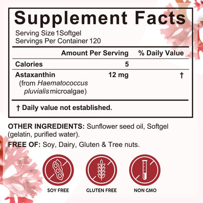 Xaarty Premium Astaxanthin 12mg, Natural Antioxidant Supplement for Eye, Joint, Skin Health,Microalgae Source, 4 Month Supply - Maple Wellness Supplements