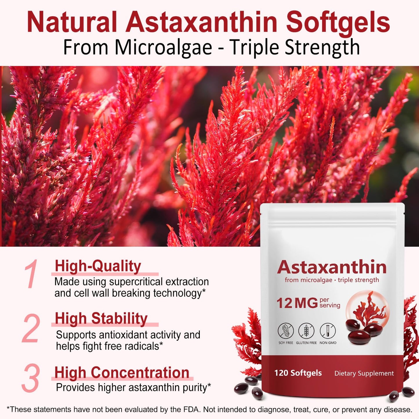 Xaarty Premium Astaxanthin 12mg, Natural Antioxidant Supplement for Eye, Joint, Skin Health,Microalgae Source, 4 Month Supply - Maple Wellness Supplements