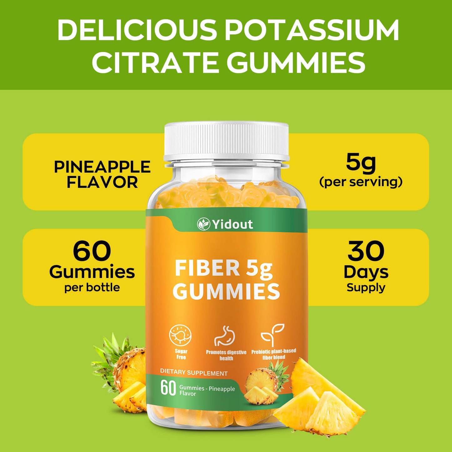 Yidout Fiber Gummies for Adults with Probiotics，No Sugar Added Pineapple Flavor, Promotes Gut Health and Regulate Bowel Movement, Vegan (60 Count（Pack of 1）) - Maple Wellness Supplements