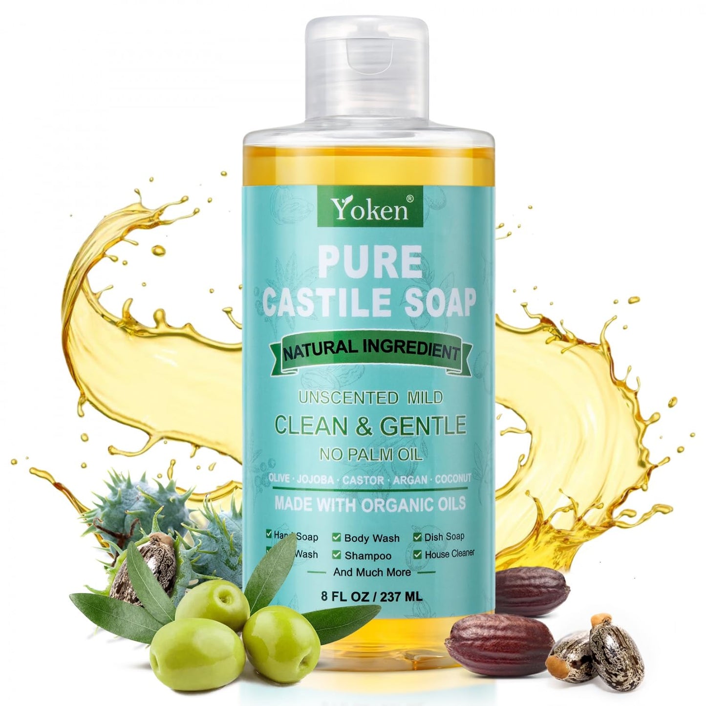 Yoken Pure Castile Liquid Soap Organic (EWG Verified, Unscented, 8 OZ), Made with Organic Oils, No Added Fragrance, Vegan, Castile Soap Liquid for Face - Maple Wellness Supplements