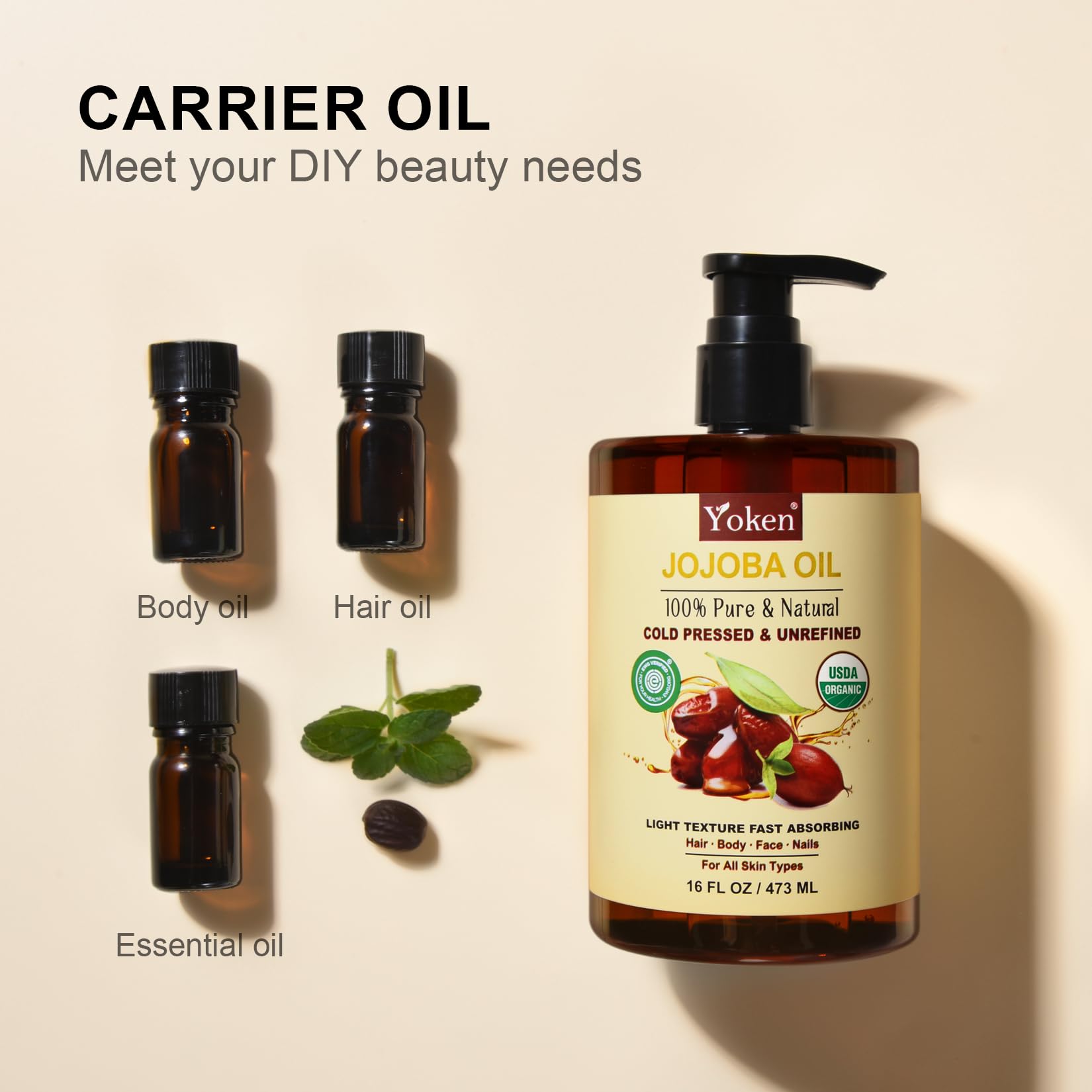 Yoken Pure Jojoba Oil Organic USDA Certified 16 fl oz, 100% Natural Jojoba Oil for Hair - Maple Wellness Supplements