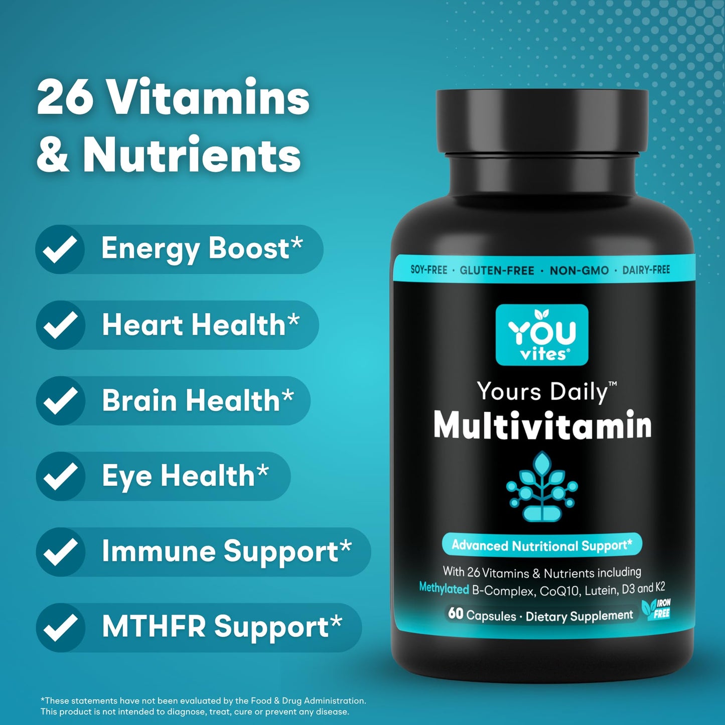 You Vites - Methylated Multivitamin for Men and Women, Methyl Multi Without Iron - 60 Capsules, MTHFR Supplement with Methyl B12, Methylfolate (5-MTHF), CoQ10 for Energy, Heart and Mood Support - Maple Wellness Supplements