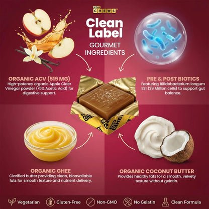 YouChews Apple Cider Vinegar Chews Better Than Apple Cider Gummies - Bloating Relief for Women and Men, 500mg Organic ACV with Prebiotics & Postbiotics, Low Sugar, Caramel Flavor, 30 Count - Maple Wellness Supplements