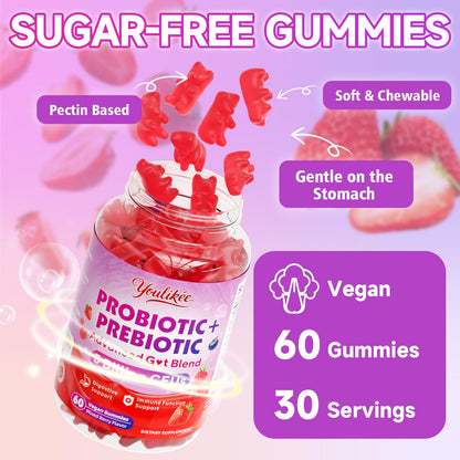 Youlikee 2 Pack Prebiotic + Probiotic Gummies for Women and Men, Probiotic Gummies Supports Gut Health, 5 Billion CFUs with Fibers, - Maple Wellness Supplements