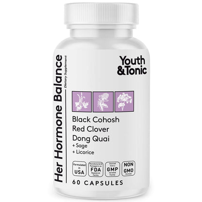 Youth & Tonic Her Hormone Balance – Menopause Supplement for Women, Perimenopause Support, Non-Hormonal Herbal Formula with Black Cohosh for Hot Flashes & Night Sweats, 60 Capsules - Maple Wellness Supplements