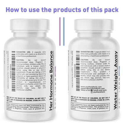 Youth & Tonic PMS & Menopause Bloating Relief Duo – Support for Puffiness, Hormonal Balance & Fluid Retention – Her Hormone Balance + Water Weight Away Natural Herbs for Women, 90 Capsules - Maple Wellness Supplements